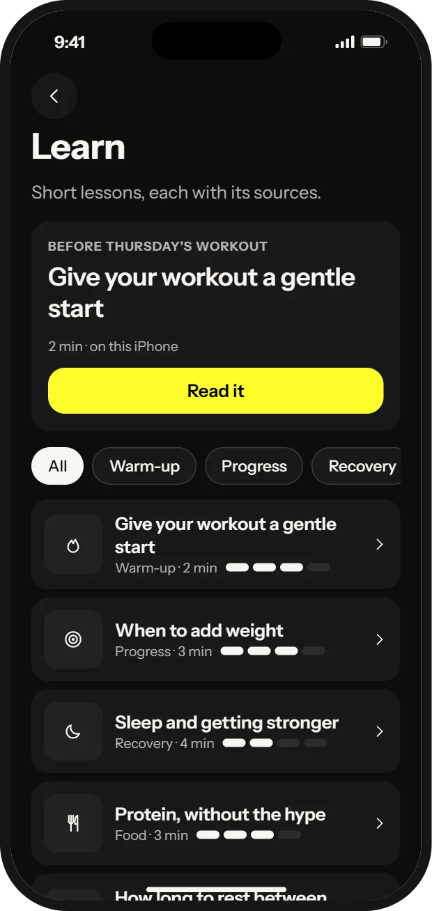 Learn in 01: a lesson for before Thursday's workout, and short lessons on warm-up, progress, recovery and food, each with an evidence rating.