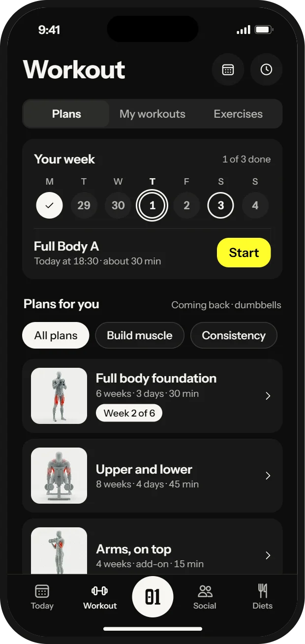 Your workouts in 01: programmes and your own routines.